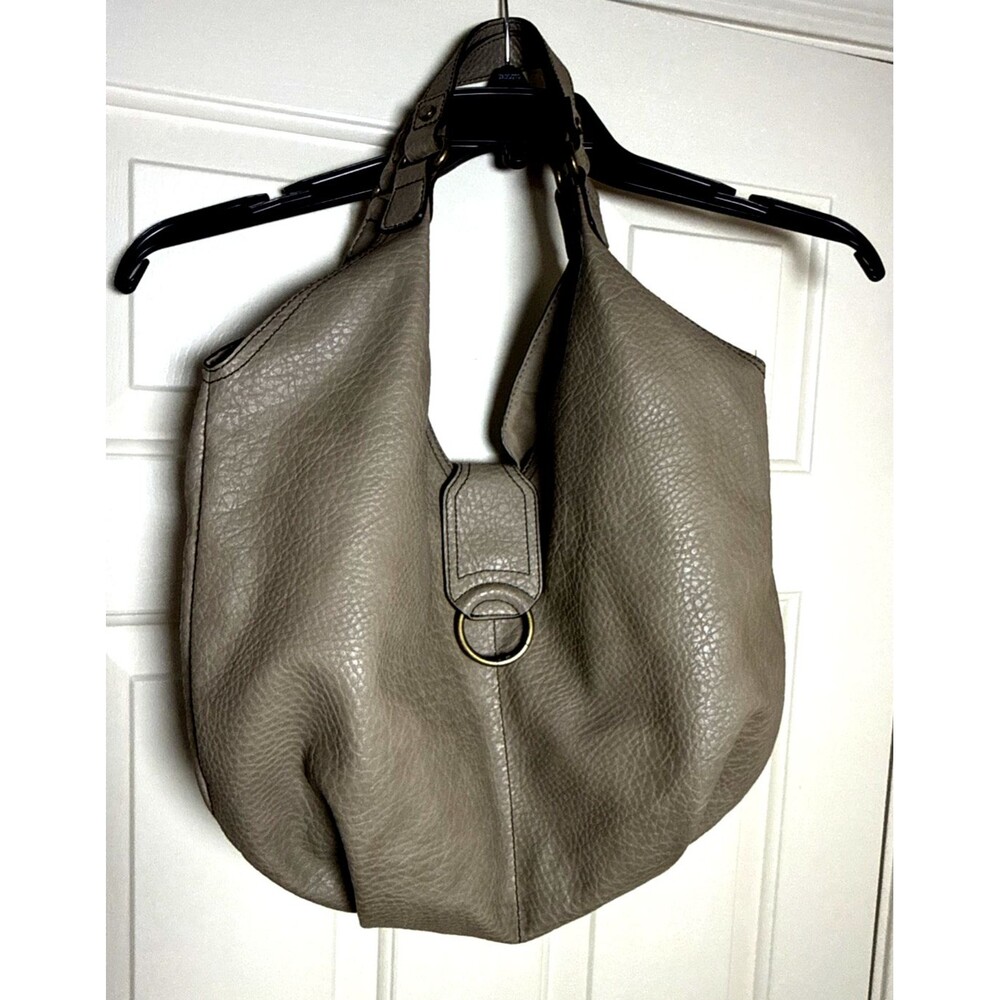 ana Beige Pebbled Hobo Shoulder Bag. Brass Hardware. Snap Closure. Pre-Owned